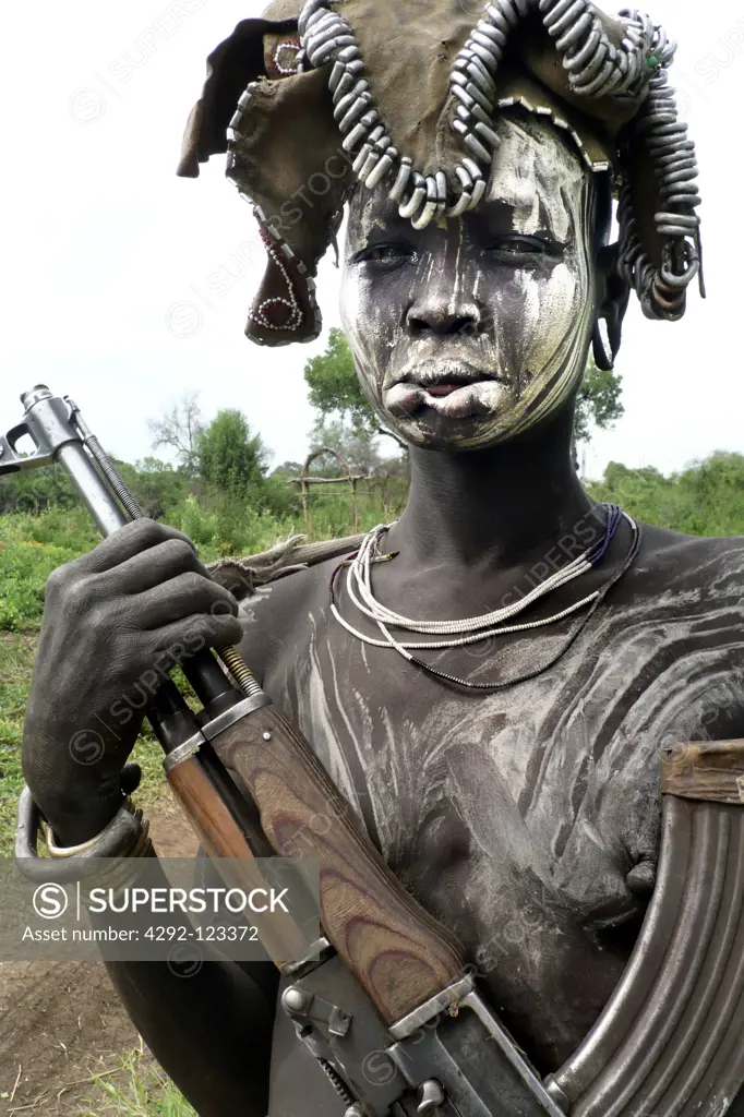 Africa, Ethiopia, South Omo, Mago National Park, Mursi woman with body painting in village