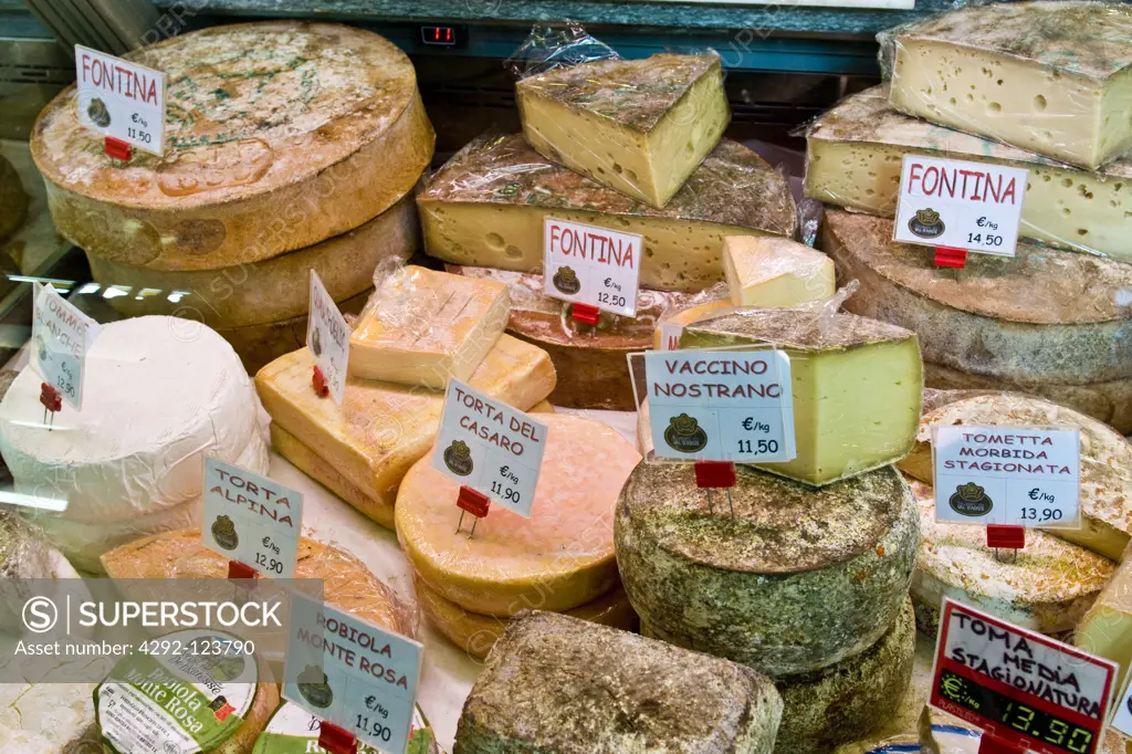 Italian cheese selection in delicatessen