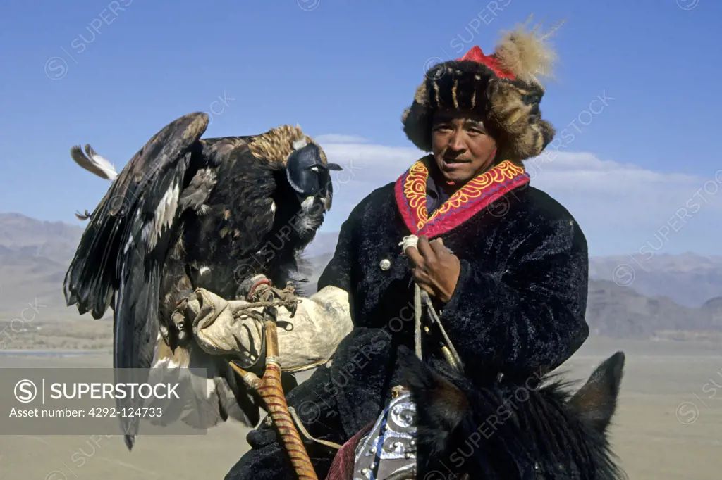 Mongolia, Altai Mt. Man with eagle