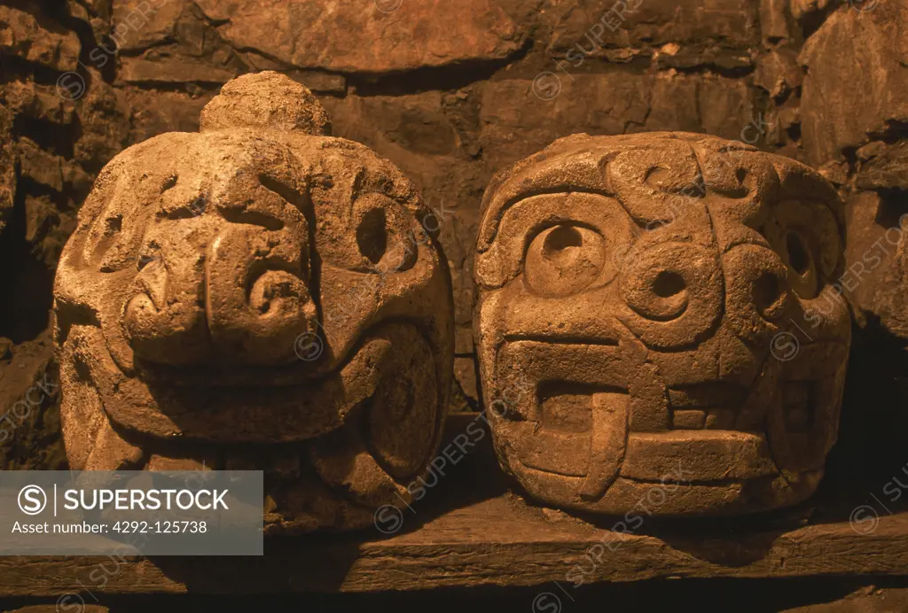 Peru, Chavin de Huantar. Carved stone Cabezas