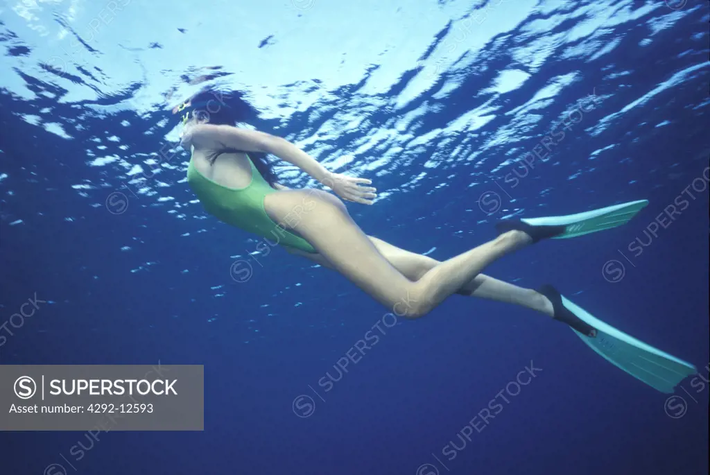Woman swimming with flippers, underwater view
