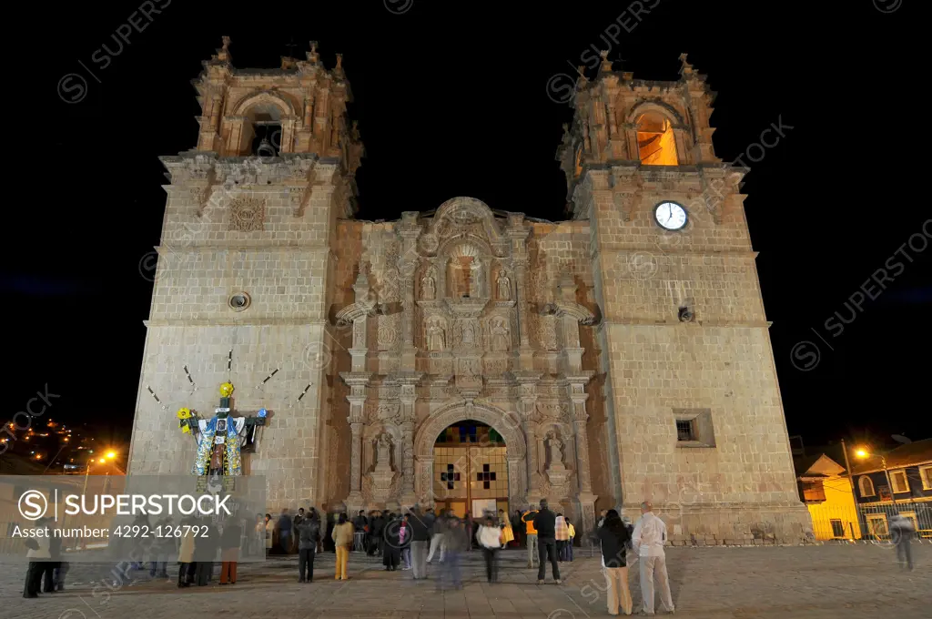 Peru, Puno, the Catedral San Carlos Borromeo at Night