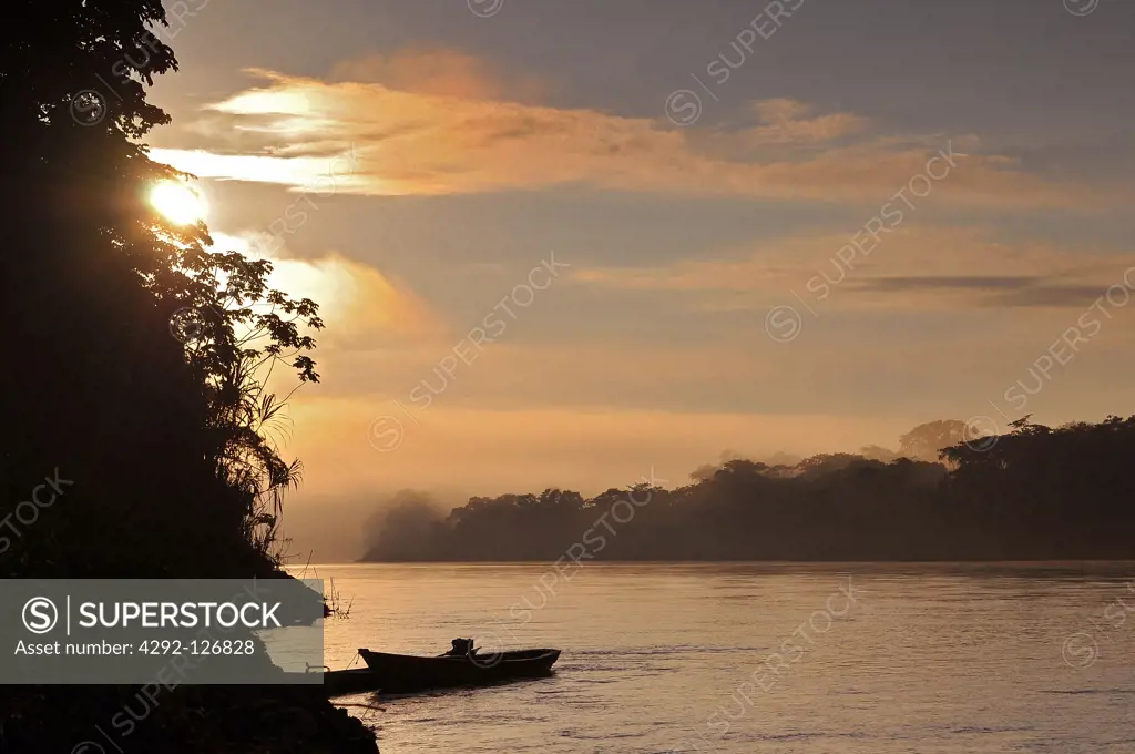 Peru, Amazon Rainforest, River at Sunset