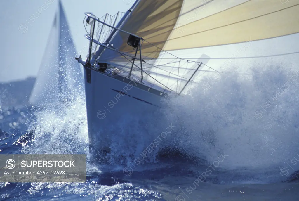 Close up of sailboat's bow in the waves