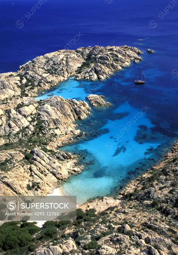 Sardinia, aerial view of Caprera Island. Coticcio Bay, Maddalena National park aerial view