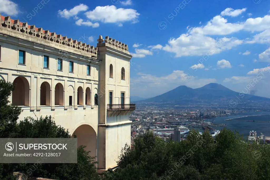 Italy, Campania, Naples view and the Vesuvius volcano and the San Martino certosa
