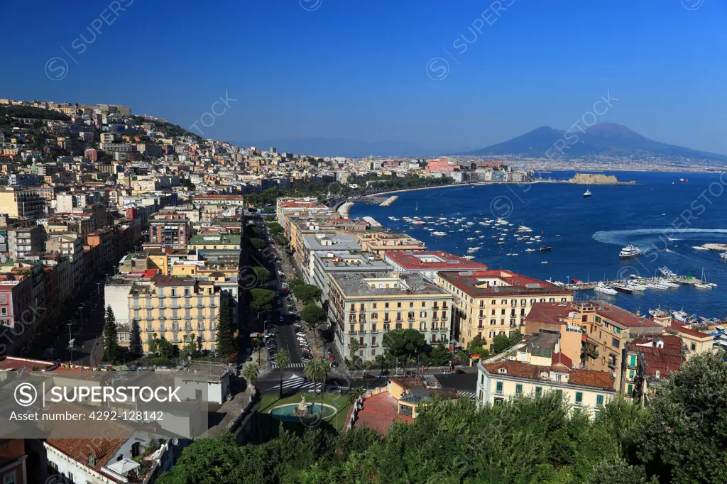 Italy, Campania, Naples, the town and Vesuvius from Posillipo