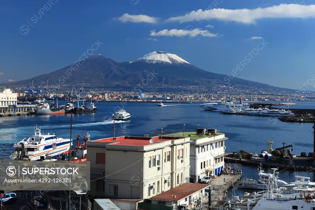 Italy, Campania, Naples, the harbour and Vesuvius volcano