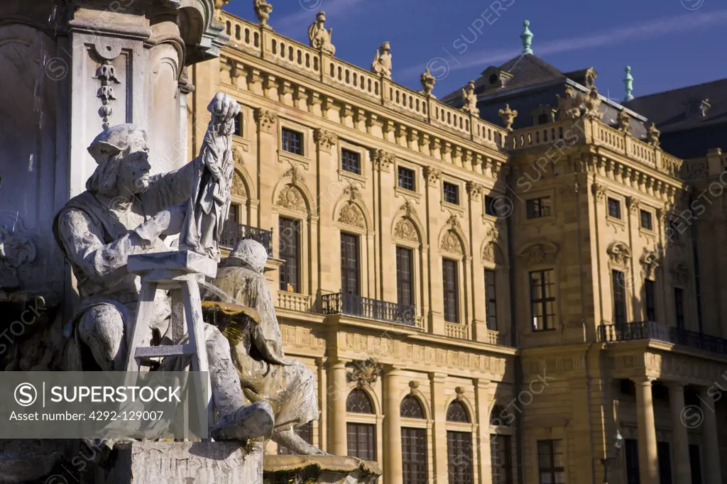 Germany, Bavaria, Wurzburg Castle Residence and Detail Franconia Fountain
