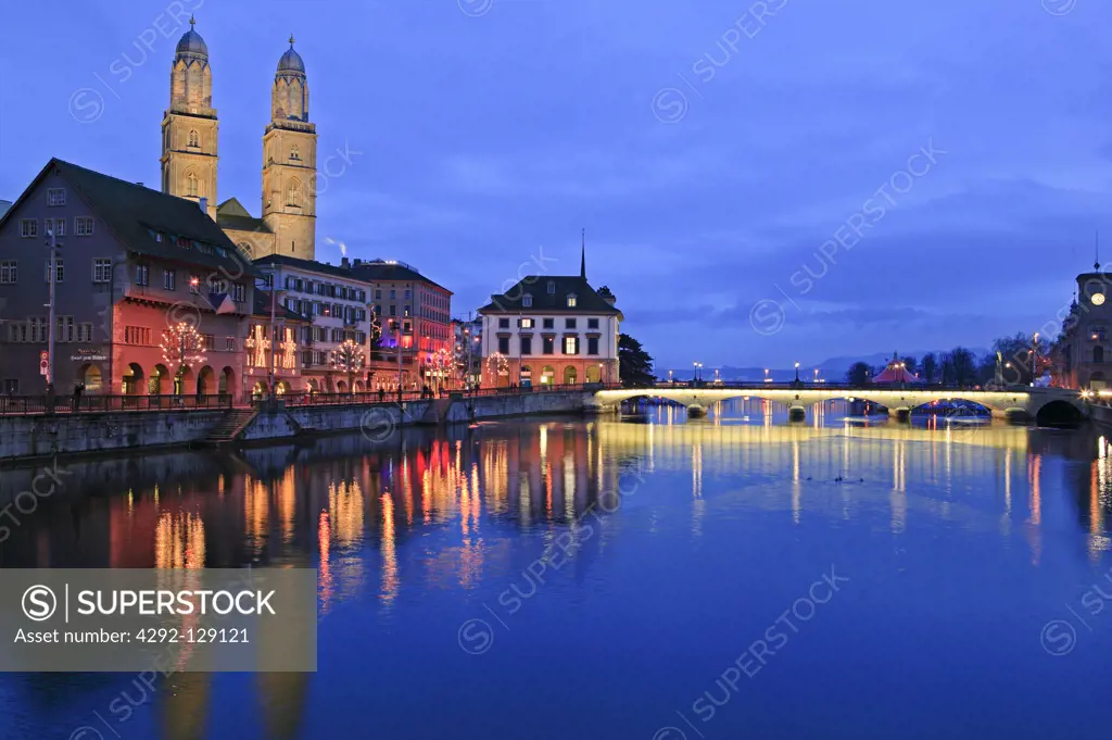Switzerland, Zurich, Limmat River at Dusk