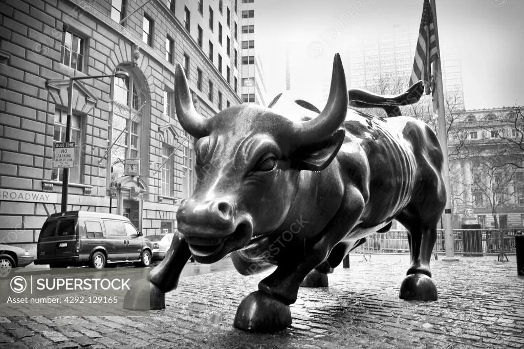 USA, New York City, Wall Street, custom house, sculpture bronze bull in the street