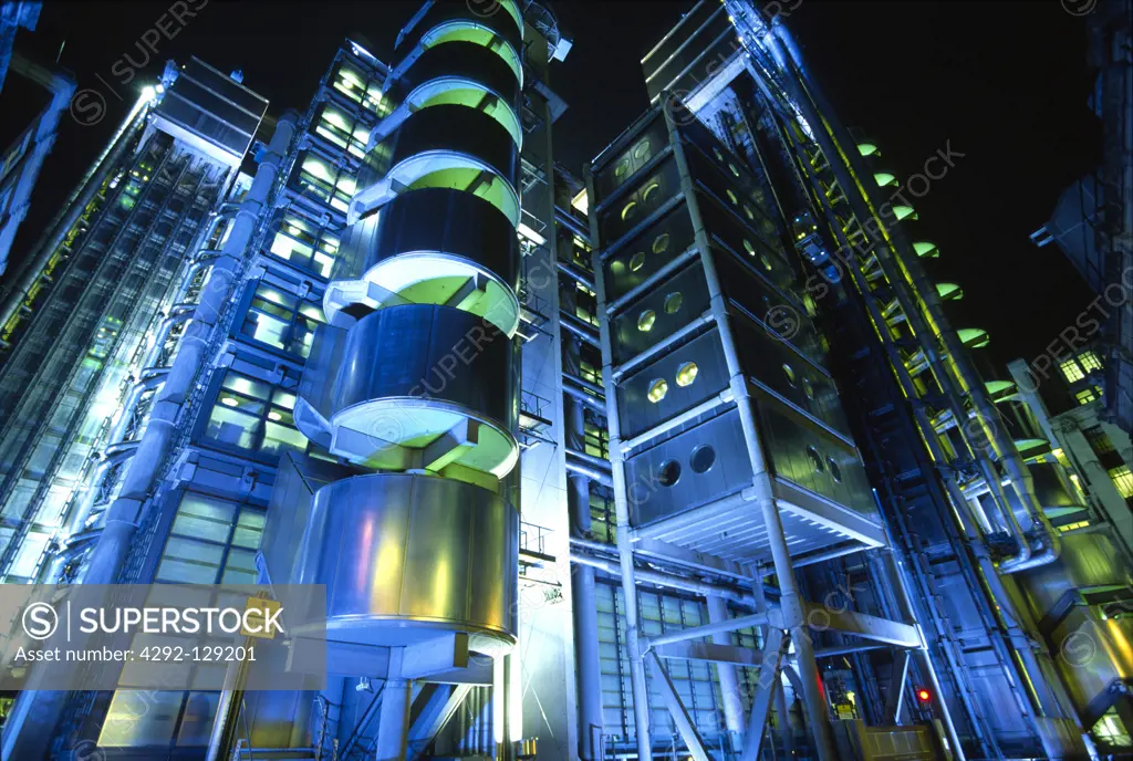 England, London, Lloyds Building at Night