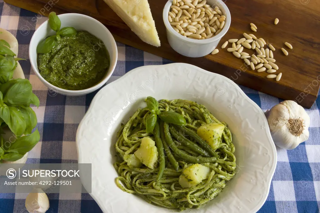 Italy, Liguria, linguini and pesto ingredients