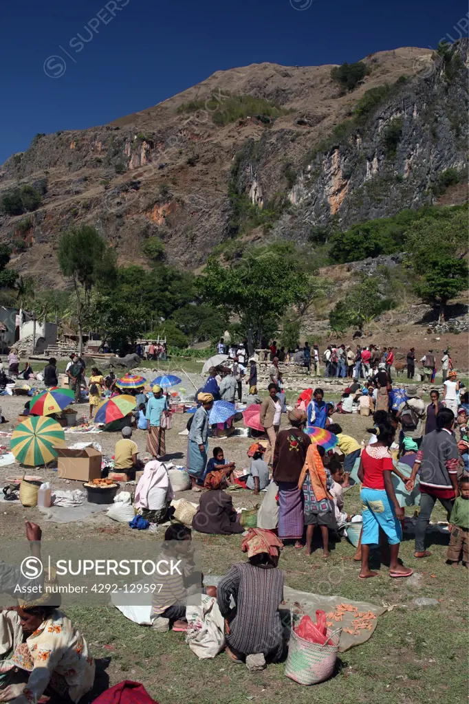The weekly market in Aituto in the mountain region to the south of Dili of the capital of the east Timor with Tutuala, the east Timor.