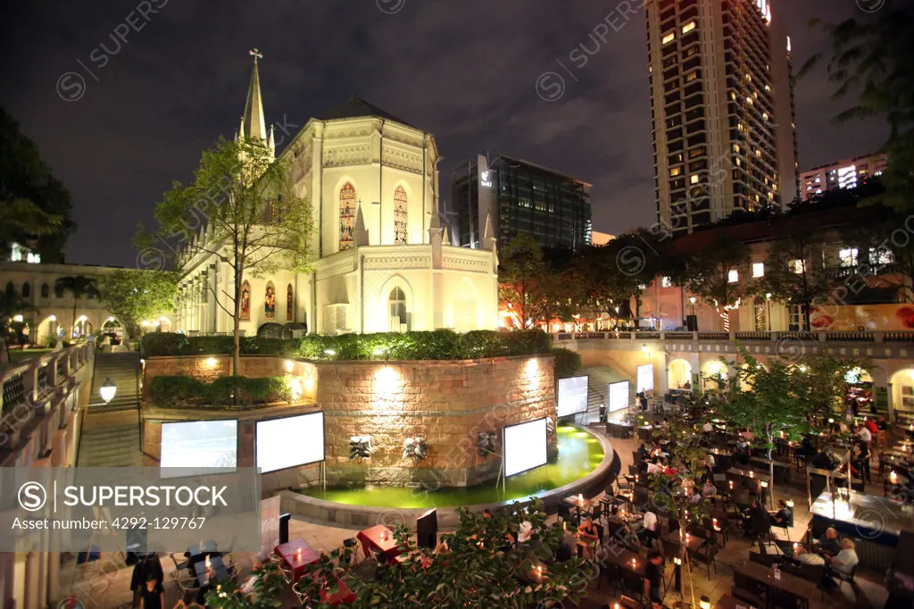 The chapel of the Chijmes convention with restaurant and bar in the evening in the city centre of Singapore, Singapore