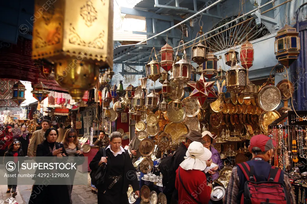 The Souq or market in the Old Town or Medina of the capital of Tunis in the Norder of Tunisia in North Africa at the Mediterranean Sea.