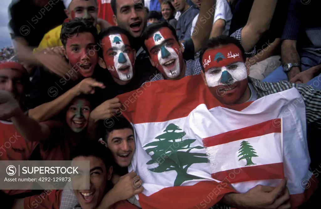 Lebanese football fans in new townon of Beirut of the capital of Lebanon in the Middle East in Arabia.