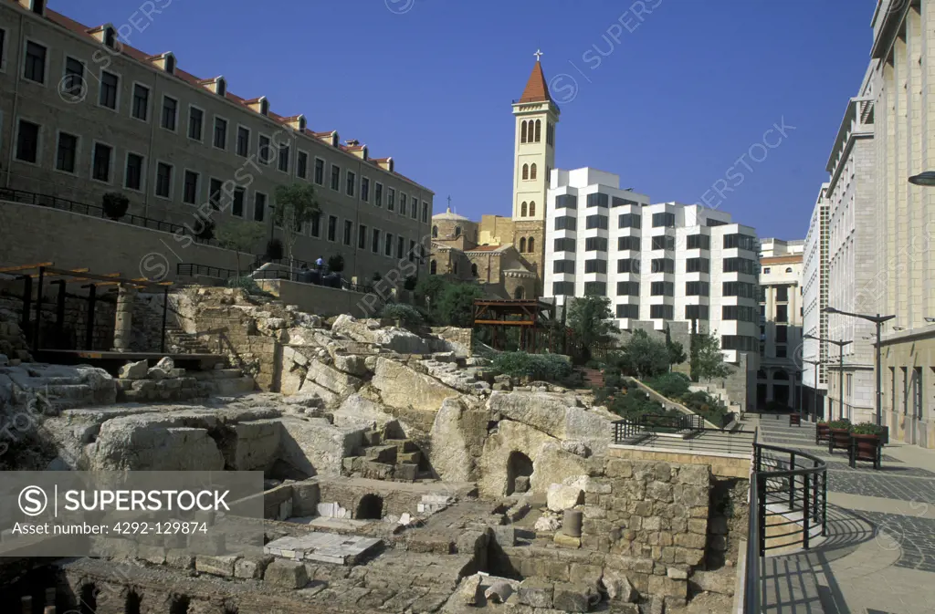 The ruins of the Roman bath in the city centre of Beirut of the capital of Lebanon in the Middle East in Arabia.