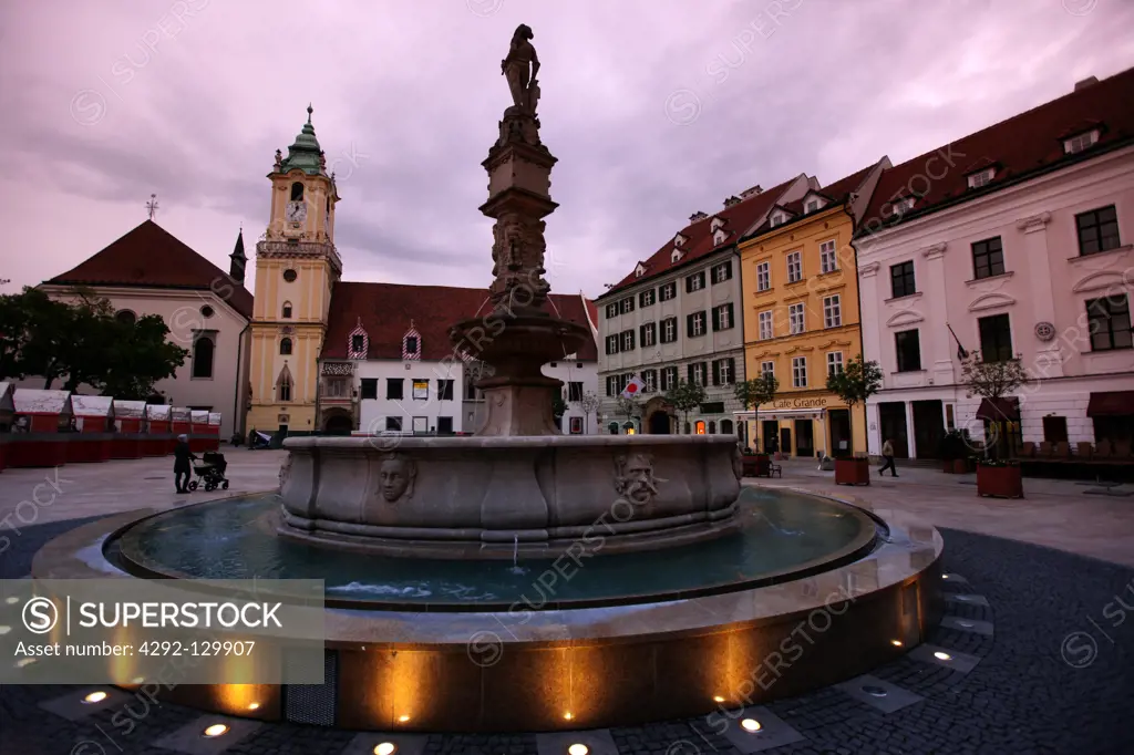 The marketplace or city hall square with Maximilian Brunnen in the Old Town of Bratislava of the Hauptown of Slovakia.