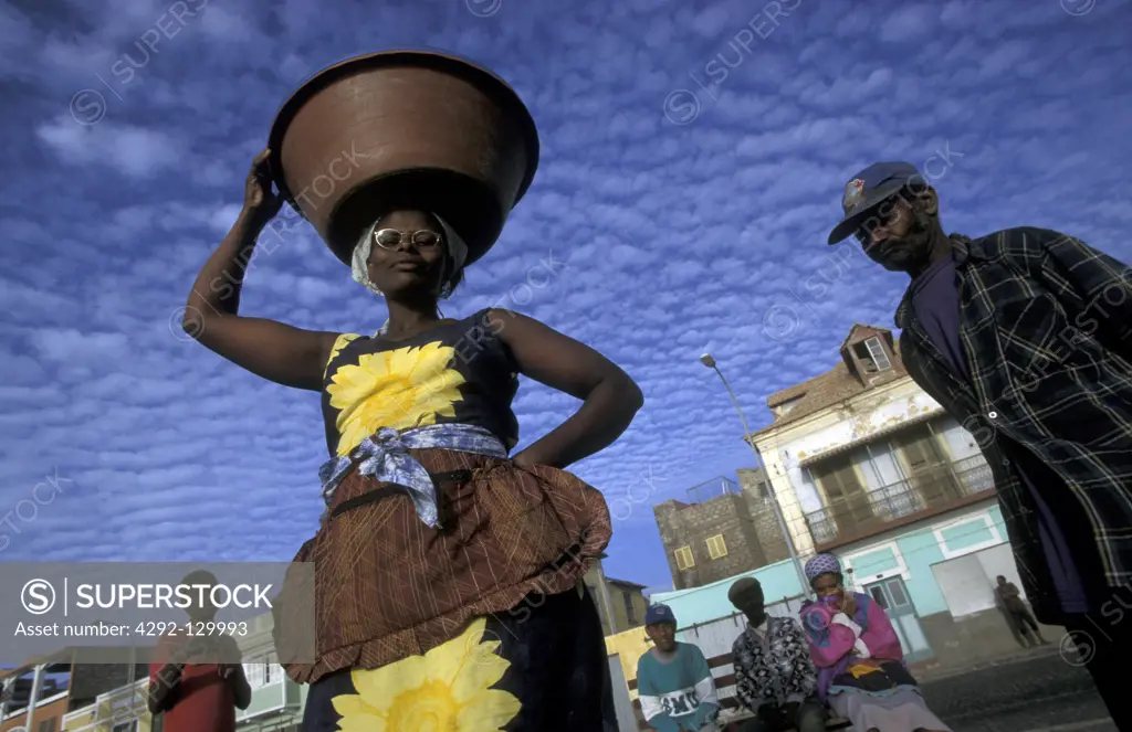 A market woman in the city of Mindelo on the island Sao Vicente on the island group of the Kapverden before Africa in the Atlantic.