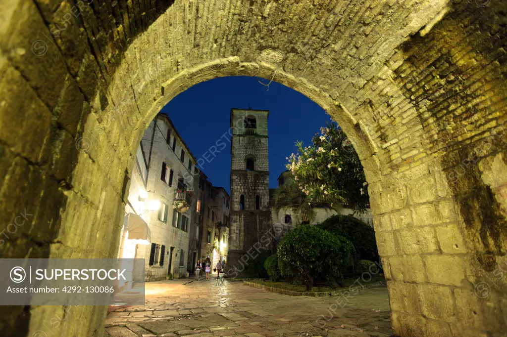 The Old Town of Kotor with the north gate and the Marija Koletata church in the internal bay of Kotor in Montenegro in the Balkans at the Mediterranean Sea in Europe.