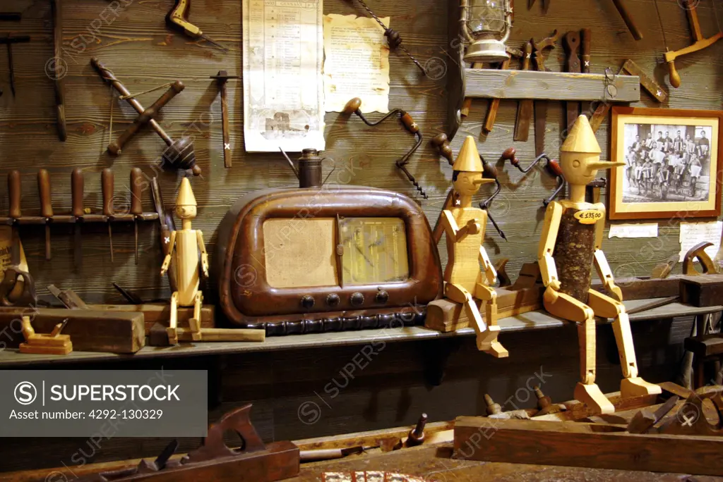 Italy, Rome, wooden Pinocchio, shop for wood toys, old radio