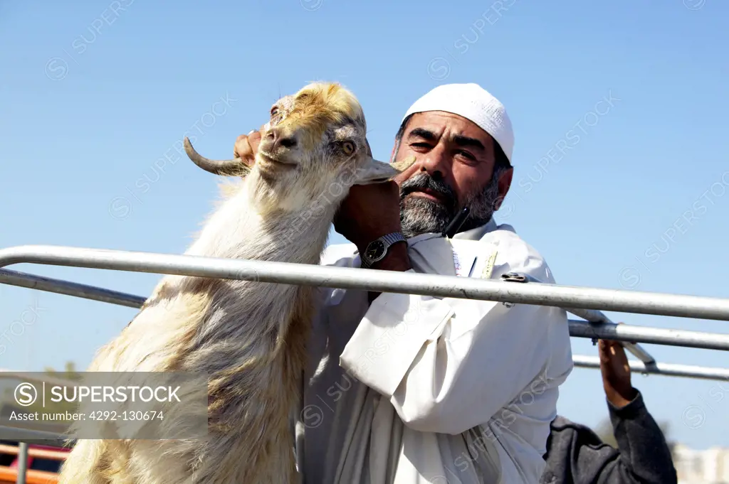 VAE Viehmarkt in Rash Al-Khaimah, Man and his goat