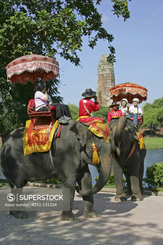 Ayutthaya Tourist riding Elephant before Royal Palace Wat Ratchaburana