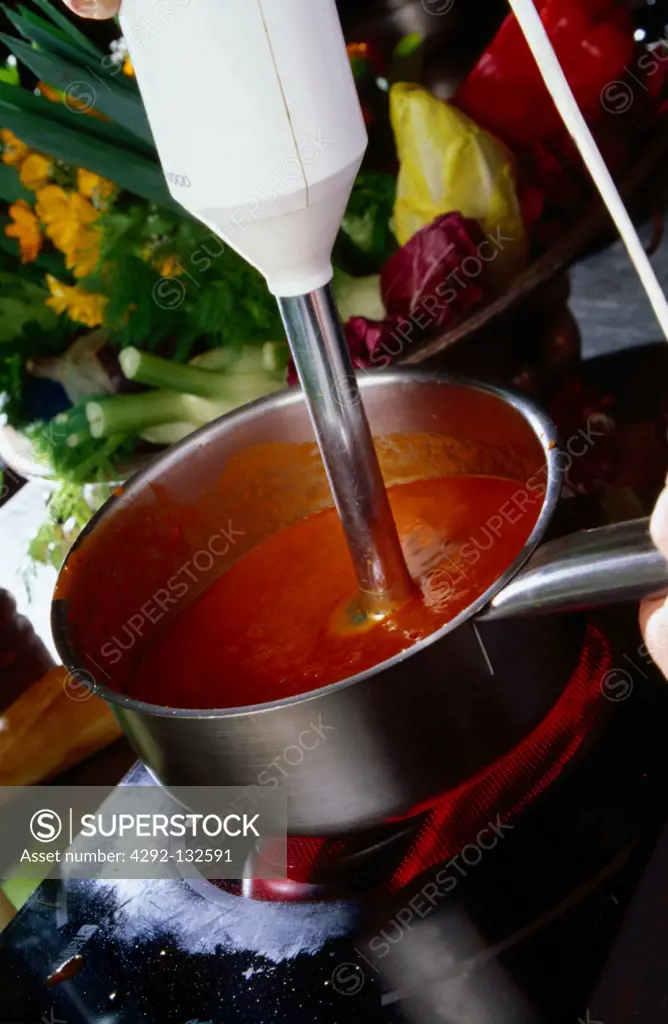 Preparing Tomato Puree with Hand-Blender.