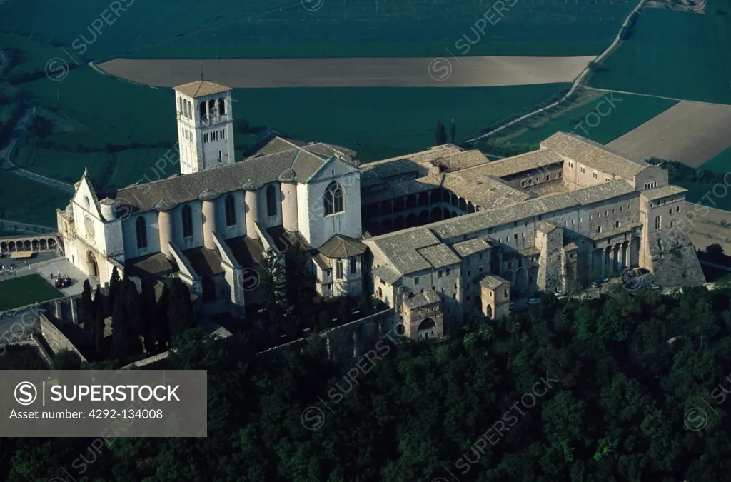 Italy, Umbria, Assisi, aerial view of Saint Francis church