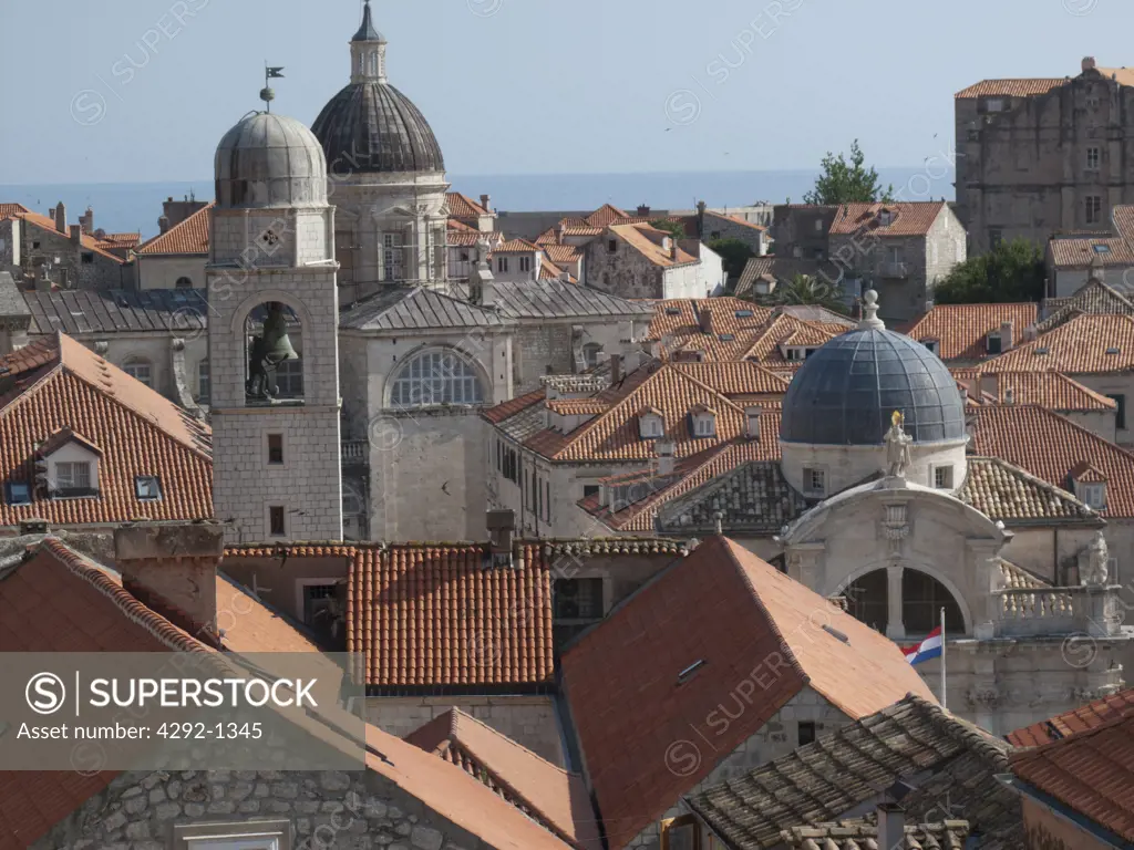 Croatia, Dubrovnik, cityscape with rooftops and Cathedral