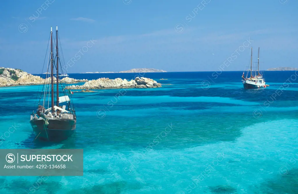 Sardinia,Maddalena national park, bay in Santa Maria Island. Sea, boat