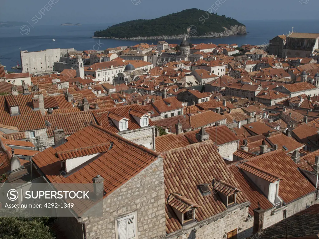 Looking across the rooftops from the city walls of Dubrovnik, Croatia.