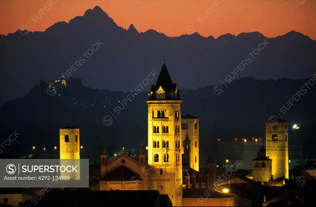 Italy, Piedmont, Alba. Nocturn tower