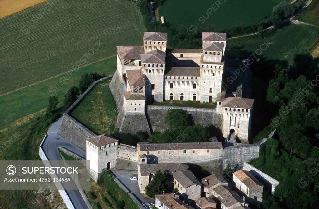 Italy, Emilia Romagna, Torrechiara castle, aerial view
