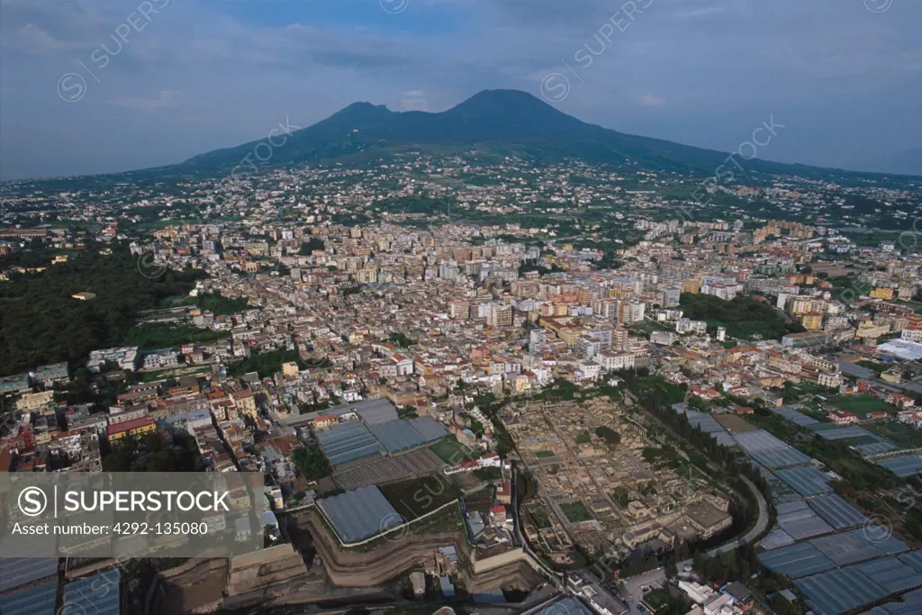 Italy, Campania, Ercolano, aerial view of the Ruins and the Vesuvio