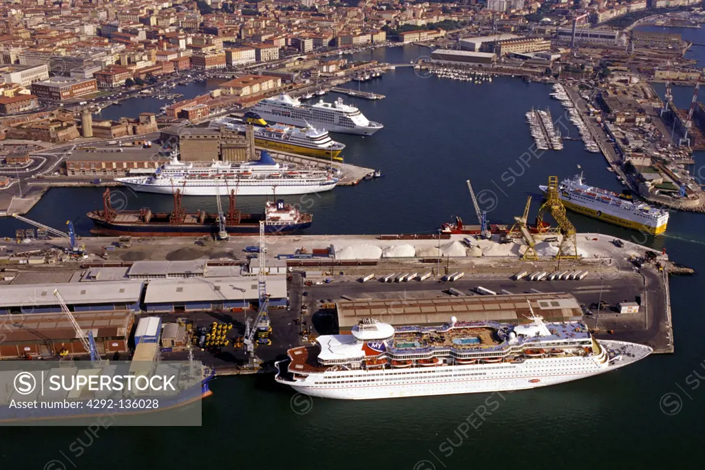 Italy, Tuscany, Livorno, aerial view of the harbour