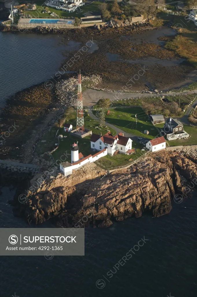 USA, Massachusetts, Gloucester, Eastern Point Lighthouse, aerial view