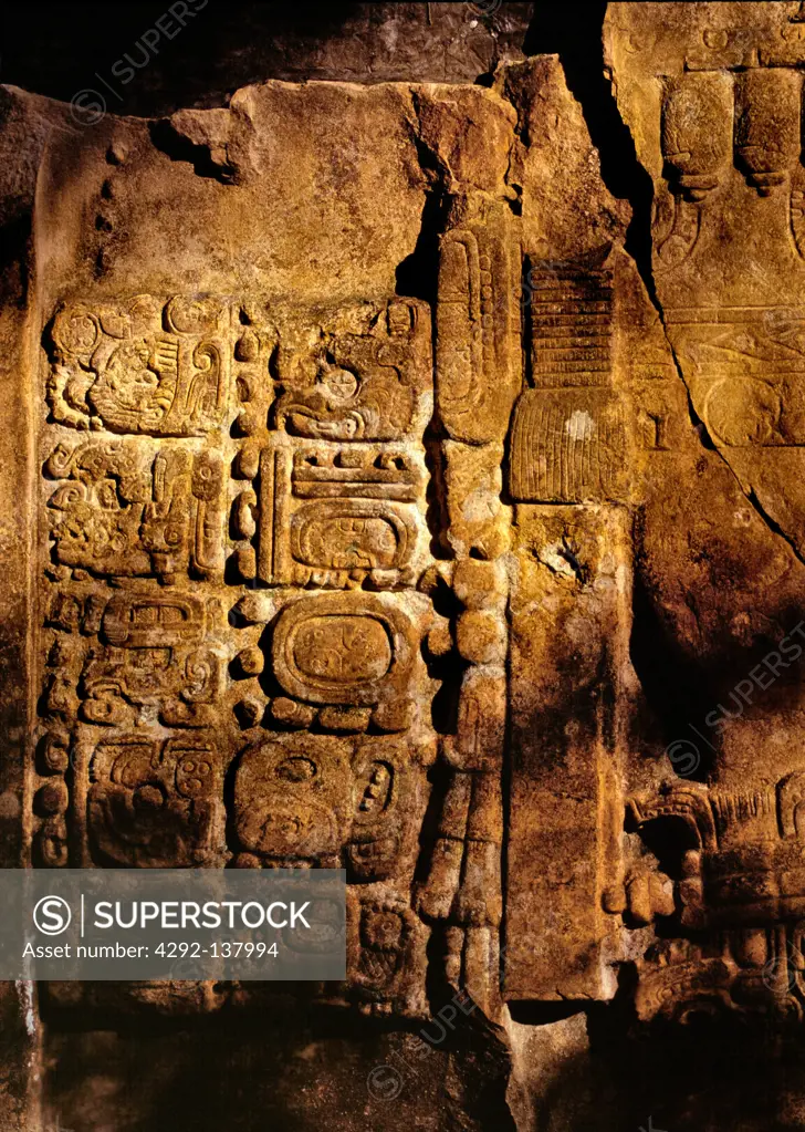 Guatemala, Tikal, detail of a Mayan low-relief carved wood lintel from Temple IV c743.