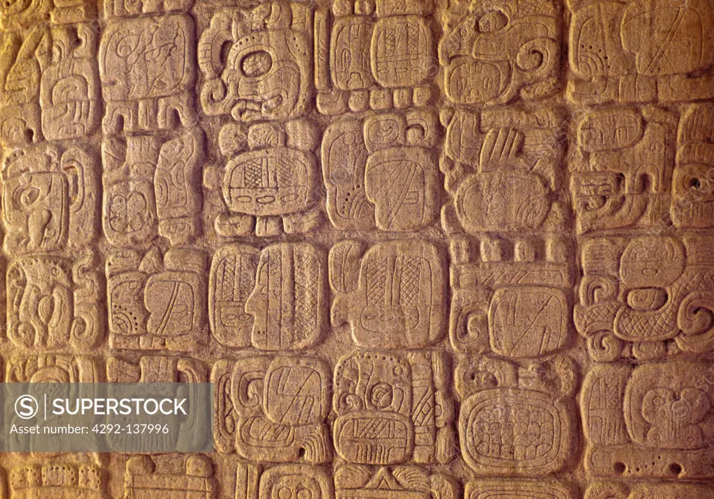 Guatemala, Tikal, detail of a Mayan low-relief carved wood lintel from Temple IV c743.