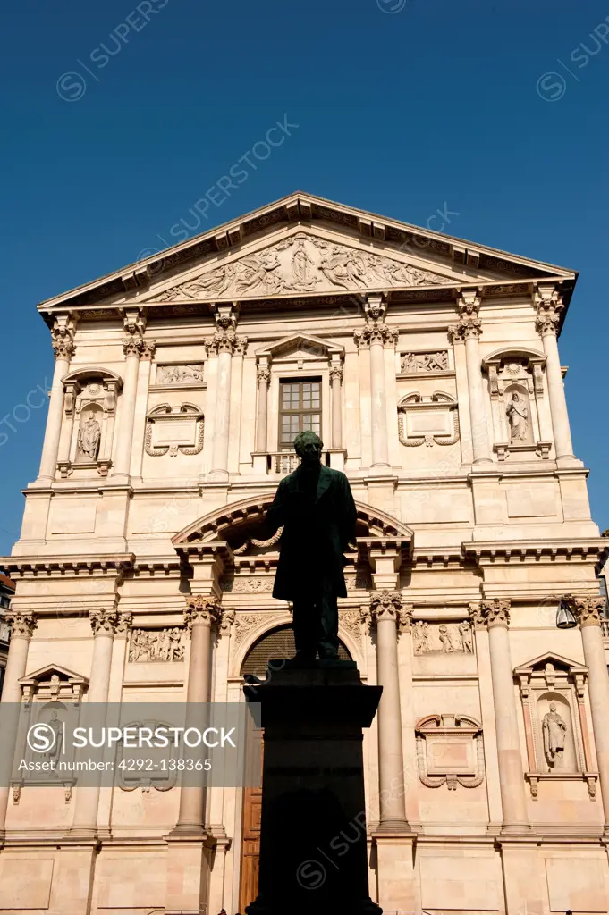 Italy, Lombardy, Milan, Alessandro Manzoni statue and San Fedele church