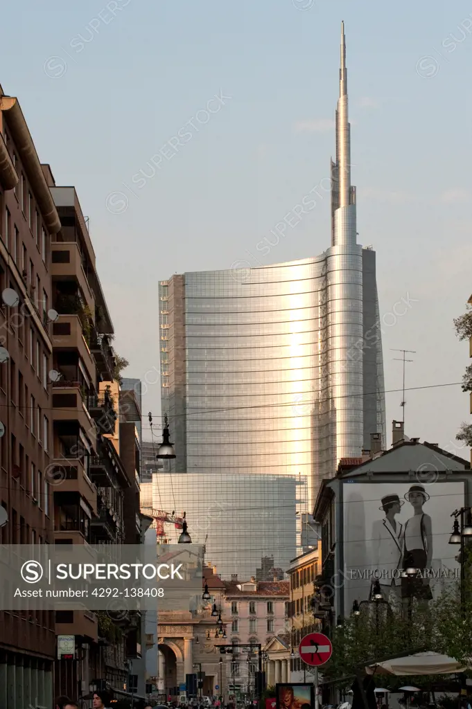 Italy, Lombardy, Milan, Corso Garibaldi and Porta Nuova Tower designed by Cesar Pelli