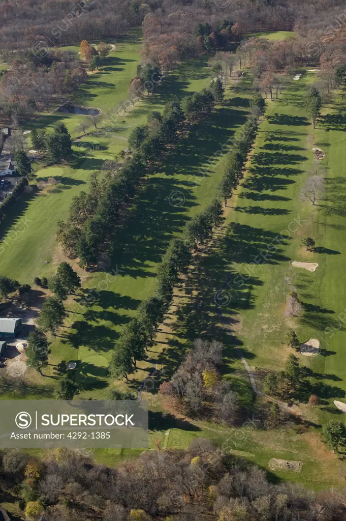 Golf course sand traps, aerial, Lexington, Massachusetts, USA