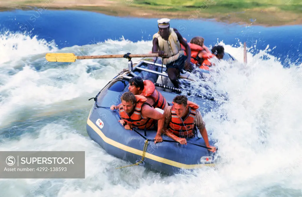 River rafting through white water rapids on Zambesi River, Africa