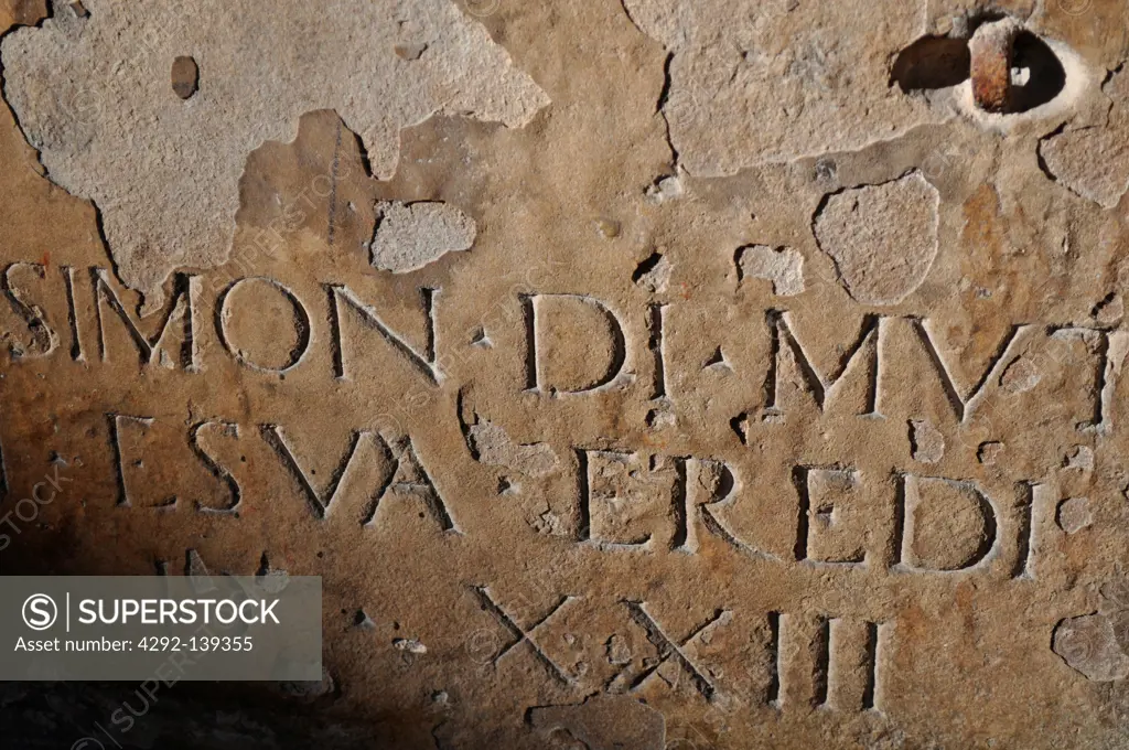 Italy, Emilia Romagna, Bologna, ancient latin inscription at Santo Stefano Basilica