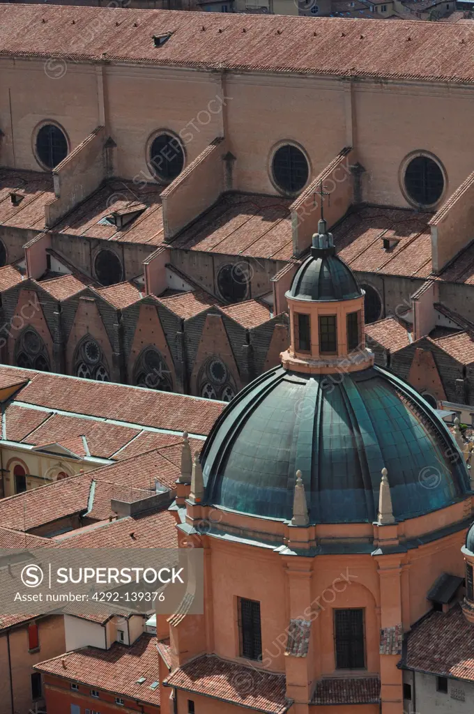 Italy, Emilia Romagna, Bologna, Santa Maria della Vita church dome and San Petronio Basilica on the background
