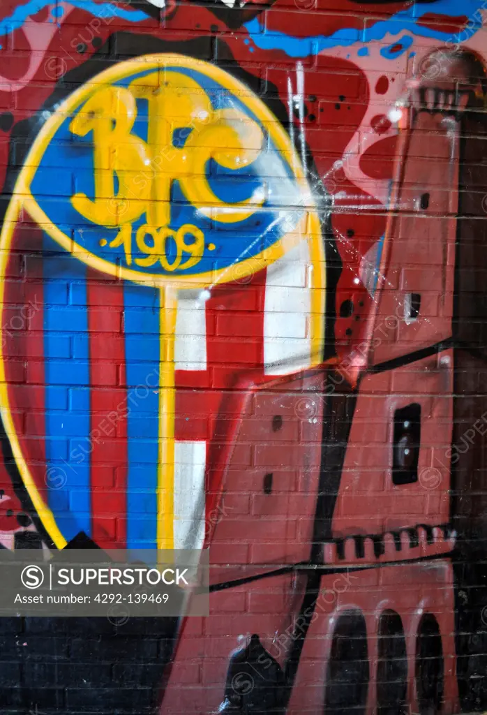 Italy, Emilia Romagna, Bologna, graffiti depicting Bologna Football Club's symbol and the Two Towers