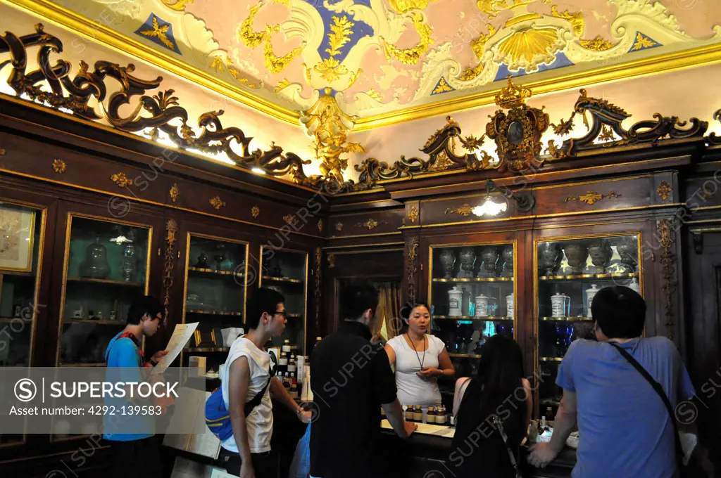 Firenze, Italy, Korean tourists and seller at Officina Profumo-Farmaceutica di Santa Maria Novella