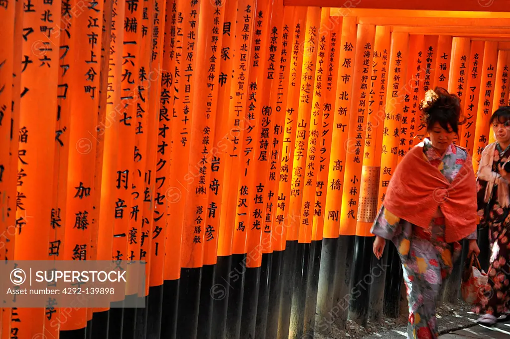Kyoto, Japan, long line of Torii, traditional Japanese gate most commonly found at the entrance of or within a Shinto shrine, where it symbolically marks the transition from the profane to the sa...