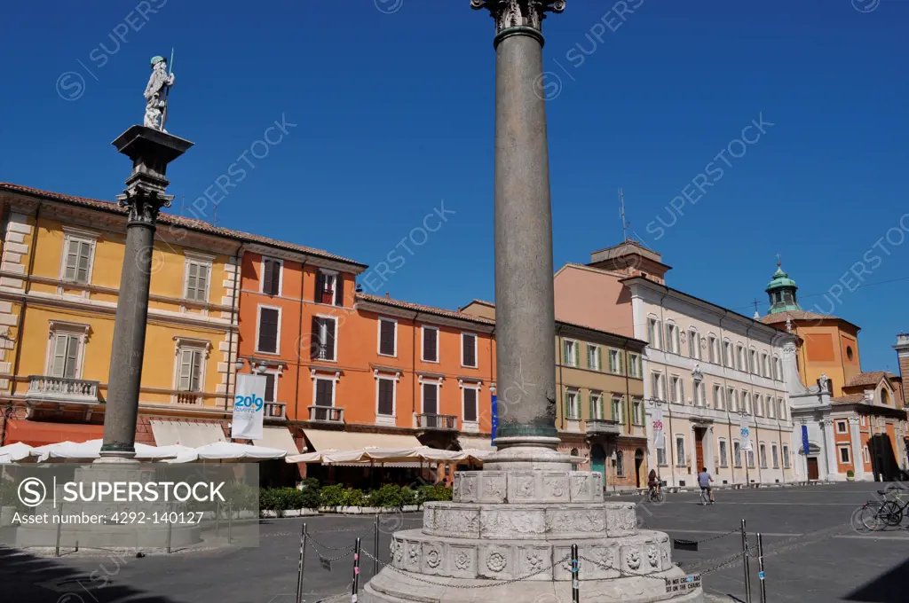 Ravenna, Italy, Venetian columns in Piazza del Popolo, with San Vitale and SantApollinare statues